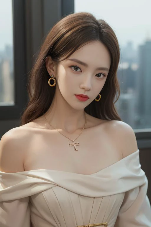masterpiece,best quality,realistic,photorealistic,highres,authentic skin texture,smooth and radiant skin,beautiful detailed deep eyes,the best light and shadow,chiaroscuro, cinematic lighting, ray tracing,lens flare, f/4.0, 35mm, Canon, Sony FE GM,
Verism, Classicism, Contemporary art, Realism,color contact lenses, longeyelashes,upper body, necklace, earrings, <lora:jinchen999:1>