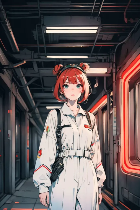 masterpiece,best quality,itricate detail,high quality,cinematic light,beautiful eyes,8k,1girl,red hair,green eyes,mature,small breasts,white jumpsuit with led,scifi,hallway,walls from black and white and red steel,red light,holografic nameplate on chest,bun,scifi doctor,holografic eyes visor,