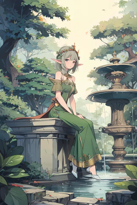 masterpiece, highest quality, 1girl, white dress, green hair, short hair, orange eyes, elf garden, night, shiny skin, soft lighting