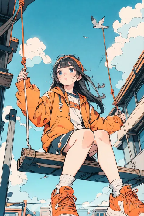 1girl,orange shoes,solo,sitting,sky,clouds,outdoors,black hair,bird,upward view,blue sky,white socks,daytime,orange jacket,building,long sleeves,leaves,long hair,playing on the swing,red headband,pump Rope,headband,bangs,cloudy sky,from_below,wide_shot,