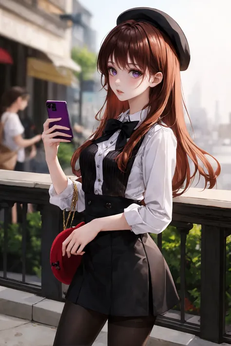 phone,cellphone,1girl,smartphone,holding_phone,hat,blurry,pantyhose,depth_of_field,holding,beret,solo,long_hair,red_headwear,brown_hair,bow,blurry_background,purple_eyes,black_legwear,