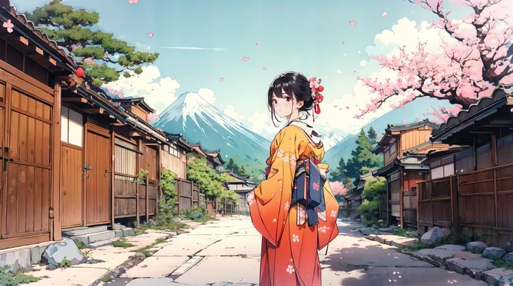 masterpiece, high quality, 1girl,kimono, looking back,highres, absurdres, outdoors, open area, deep sky, tree, cherry blossoms, stone, path, mountain, river, temple,
