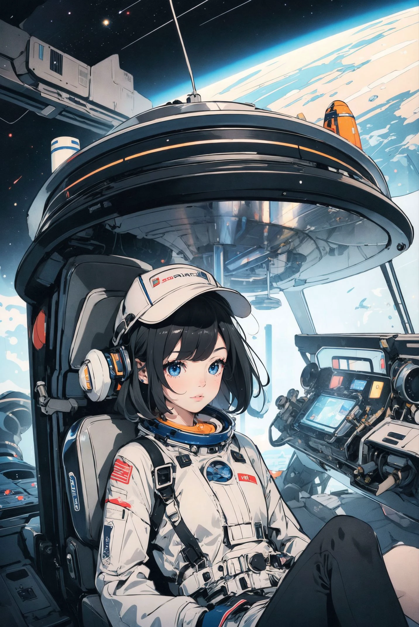 1girl,solo,black_hair,mecha,on back,bodysuit,blue eyes,headwear removed,looking_at_viewer,(Space capsule:1.2),Floating mechanical props,indoor,