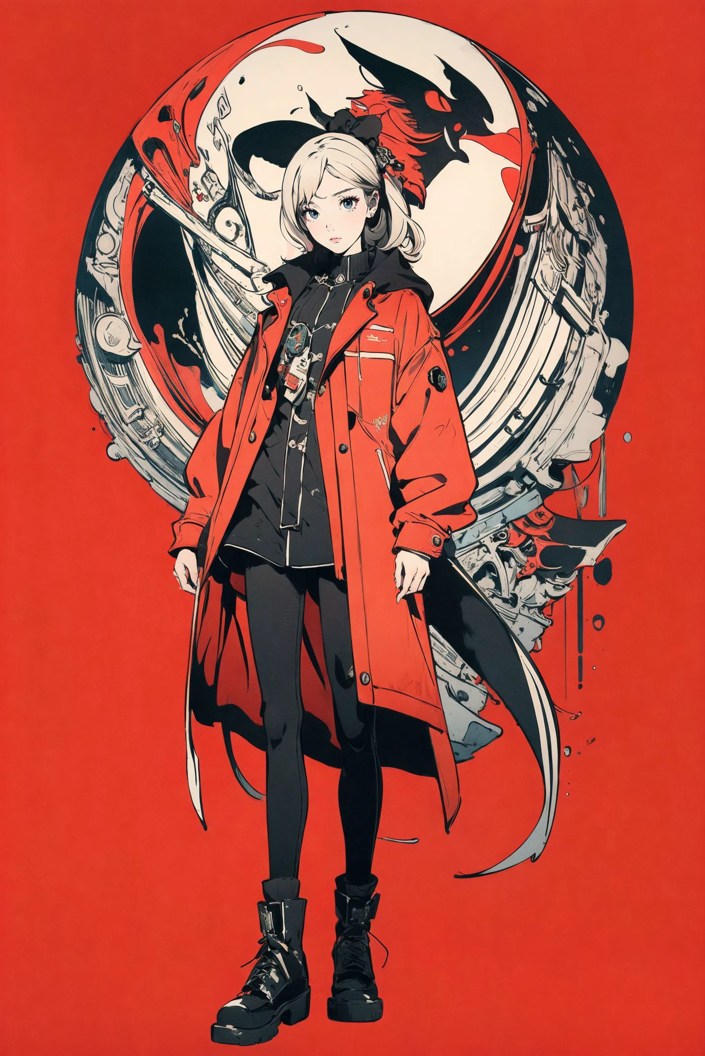 (Masterpiece:1.5),(Best Quality:1.5),High Resolution,Highly Detailed,(Low Contrast:1.1),Full body photo,.official art,red background,flat color,partially colored,{persona 5},.|key visual| intricate| highly detailed| breathtaking beauty| digital lineart| vibrant|,.Aestheticism Painting,.,