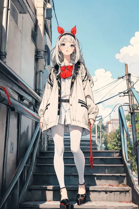 1 girl,solo,standing,sky,clouds,outdoors,white hair,bird,blue eyes,upstream view,blue sky,black_pantyhose,daytime,white women's suit shirt,building,long sleeves,leaves,long hair,stairs,red headband,pump Rope,headband,bangs,cloudy sky,from_below,wide_shot,(cusp rivet High-heeled shoes:1.2),mingyuefuzhuang,