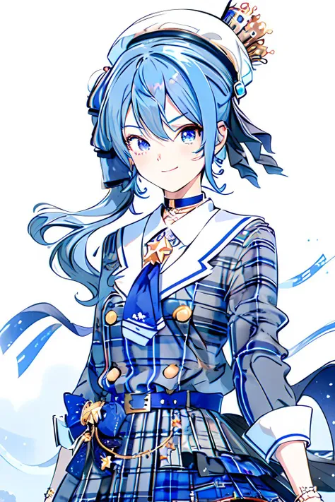1girl,virtual youtuber,hoshimachi suisei,solo,blue hair,one eye closed,gloves,blue eyes,grey headwear,hat,plaid headwear,white background,beret,star (symbol),open mouth,side ponytail,black gloves,choker,crown,simple background,looking at viewer,smile,shirt,star in eye,partially fingerless gloves,jewelry,blue choker,blush,ribbon,upper body,symbol in eye,plaid,belt,collared shirt,hair between eyes,hair ribbon,bracelet,bangs,jacket,blue belt,blue ascot,necktie,;d,blue necktie,reaching towards viewer,ascot,blue ribbon,teeth,grey jacket,mini crown,long sleeves,plaid jacket,sidelocks,light blue hair,<lora:hoshimachi_suisei_v1:1>,