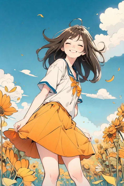 1 girl,brown hair,wearing an orange skirt,face to the blue sky,eyes closed,smiling,surrounded by yellow wheat fields,yellow ginkgo floating in the sky,white clouds floating in the blue sky,cartoon style,high quality,high resolution,look up,three-ee point oint perspective,the deep knee,