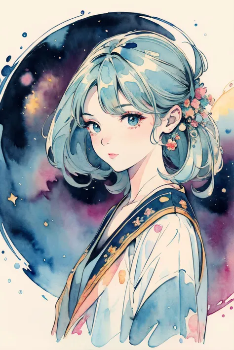 (masterpiece, top quality, best quality, official art, beautiful and aesthetic:1.2),cover art,illustration minimalism,Best quality,masterpiece,ultra high res,(watercolor),(Girl:1.2),surrealism,dream-like,Cyan Eye Galaxy,((abstract art)),