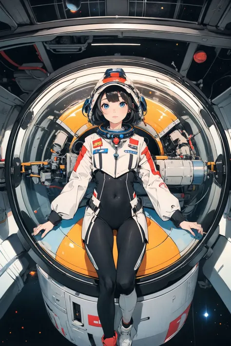 1girl,solo,black_hair,mecha,on back,bodysuit,blue eyes,headwear removed,looking_at_viewer,(Space capsule:1.2),Floating mechanical props,indoor,