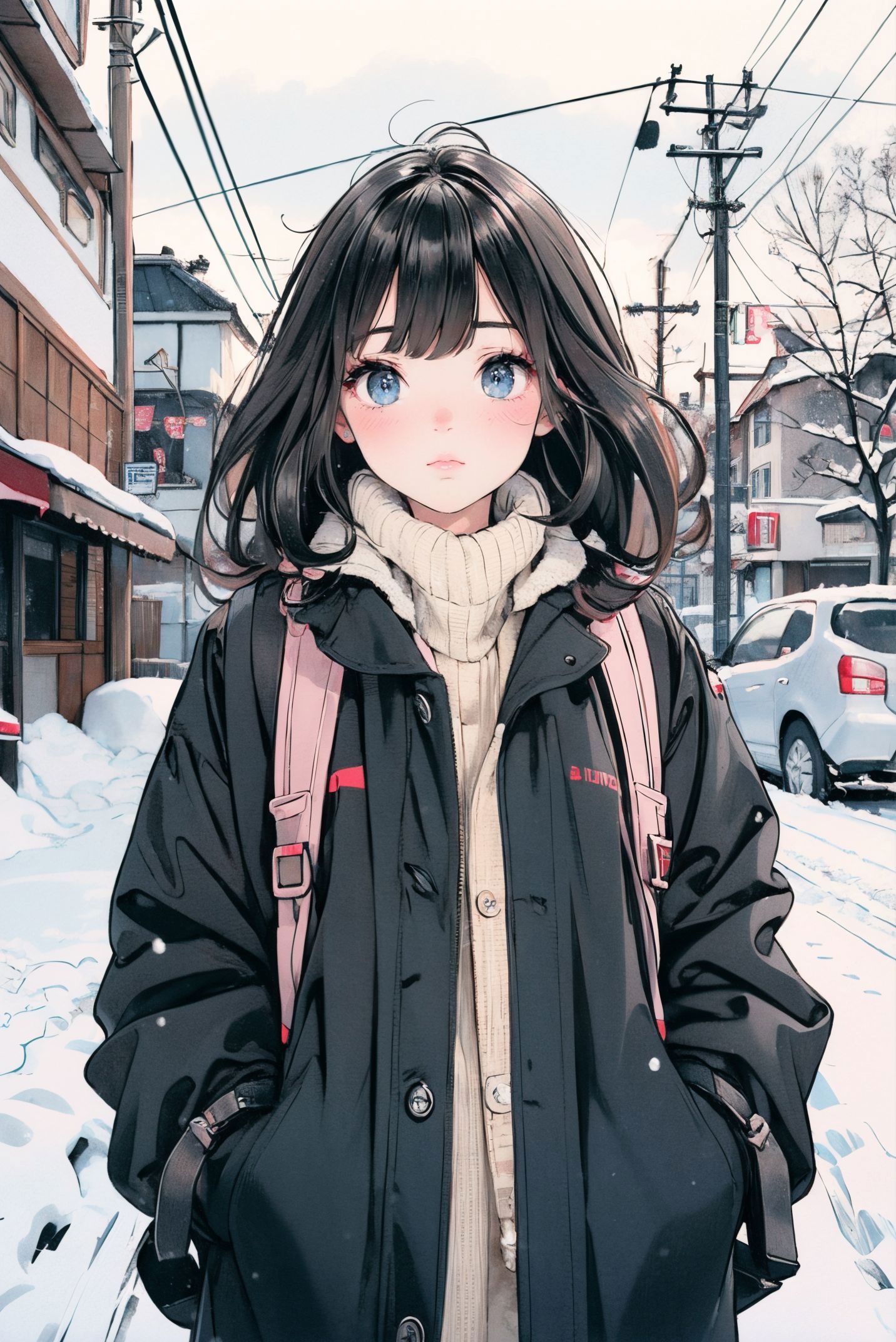 Anime girl with blue eyes standing in the snow in front of a building ...