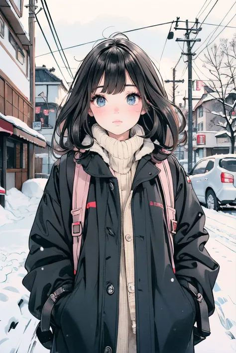 Girl,long straight brown hair with bangs,blue eyes,looks at the viewer,blush,dressed in a black coat,wears a black backpack on her back,flowing hair,wind,stands outside in the snow,snow,winter,snow is falling,blizzard,hands in pockets,it's light outside,no sun,cloudy,pastel colors,in detail,