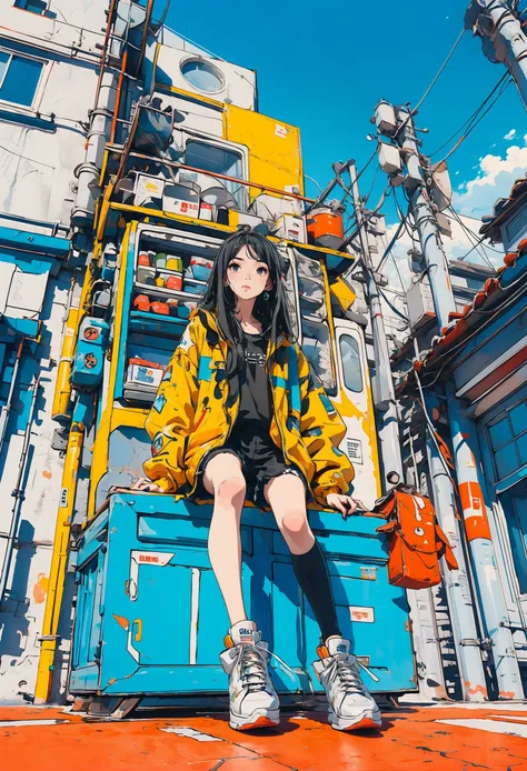 (best quality,official art,beautiful and aesthetic:1.2),(fractal art:1.2),offcial art,colorful,Colorful background,splash of color,movie perspective,advertising style,magazine cover,
xuer popsicle,1girl,solo,long hair,looking at viewer,black hair,thighhighs,long sleeves,holding,sitting,jacket,outdoors,food,sky,shoes,shorts,black thighhighs,dark skin,dark-skinned female,torn clothes,from below,holding food,building,sneakers,blue footwear,blue theme,popsicle,railing,yellow jacket,torn thighhighs,wide shot,
<lora:~Q?-| xuer popsicle:0.8>,