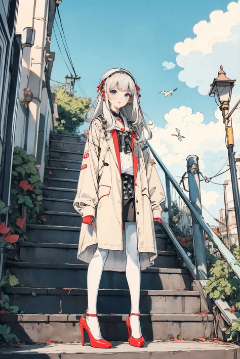 1 girl,solo,standing,sky,clouds,outdoors,white hair,bird,blue eyes,upstream view,blue sky,black_pantyhose,daytime,white women's suit shirt,building,long sleeves,leaves,long hair,stairs,red headband,pump Rope,headband,bangs,cloudy sky,from_below,wide_shot,(cusp rivet High-heeled shoes:1.2),mingyuefuzhuang,