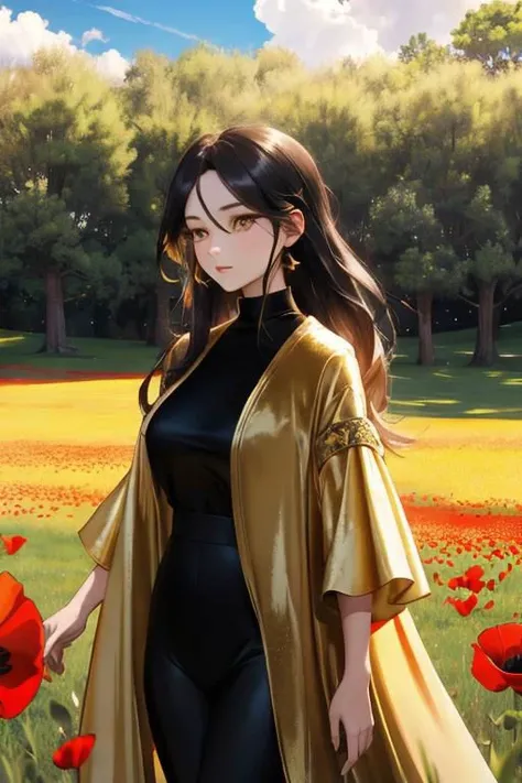 1girl, a beautiful woman, wearing (a luxurious golden velvet dress), black leggings, close up, she is standing there in the shadow of the tree, in a windy grass field with poppy flowers, the blue sky is full of sunshine, the sunlight peeks through the clouds and trees,