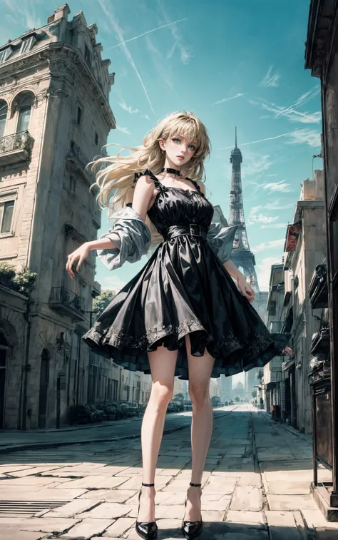 (best quality),((masterpiece)),(highres), (extremely detailed 8K wallpaper),(panorama:1.5)outdoors (imid shot:0.95),(imid shot,macro shot:1.25), Eiffel Tower(Black and white Newspaper dress:1.3)(wide shot, wide-angle lens,Panoramic:1.2),super vista, super wide AngleLow Angle shooting, super wide lens,
((((dramatic))), (((gritty))), (((intense))) film poster featuring a young woman as the central characterA shot with tensionVisual impact,giving the poster a dynamic and visually striking appearance, Outdoor, landscape, dynamic Angle, dynamic pose
She stands confidently in the center of the poster, wearing a stylish and edgy outfit, with a determined expression on her face,   The background is dark and gritty, with a sense of danger and intensity, The text is bold and attention-grabbing, with a catchy tagline that adds to the overall feeling of drama and excitement(blonde hair:1.1)
The scene is framed by the iconic Eiffel Tower in the background, which stands tall and proud, its iron beams reaching up to the skyThe lighting is soft and warm, casting a golden glow over the woman and the piano, while the tower is softly illuminated in the background
(Milky skin,:1.7) shiny skinA shot with tension(sky glows cyan,Visual impact,giving the poster a dynamic and visually striking appearance:1.5),impactful picture, (full body:1.5),  (Slim body:1.1)(long legs:1.1),