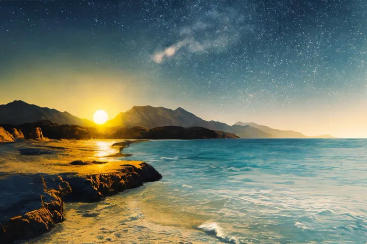 luminous plants on the beach,starry sky,one golden moon,mountain backgound,a single man,silk screen style,