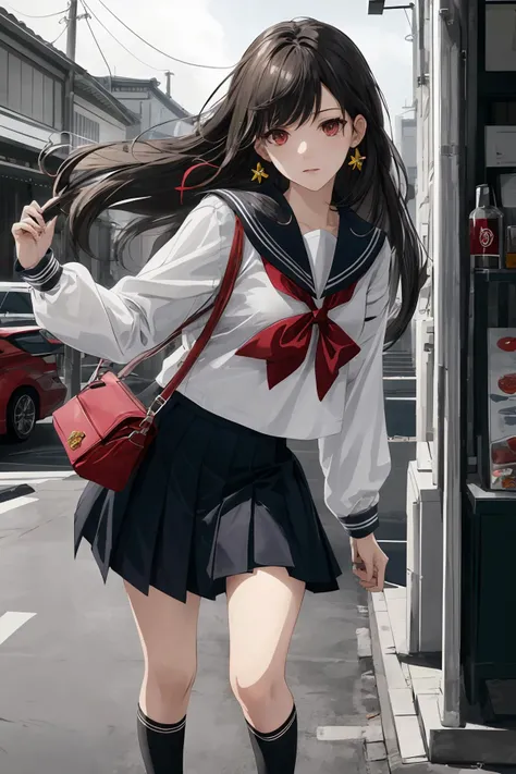 (masterpiece),(highest quality),highres,(high resolution textures),in dynamic pose,bokeh,(finely detail, intricate details, hyperdetailed:1.15),(official art, extreme detailed, highest detailed),an extremely delicate and beautiful,(best quality, masterpiece, perfect face, beautiful and aesthetic:1.2, colorful, dynamic angle, highest detailed face),1girl,solo,mitsuki1,kyoto animation,long hair,school uniform,black hair,red eyes,pleated skirt,black socks,bangs,kneehighs,sailor collar,long sleeves,ribbon,standing,outdoors,waiting outside a convenience store