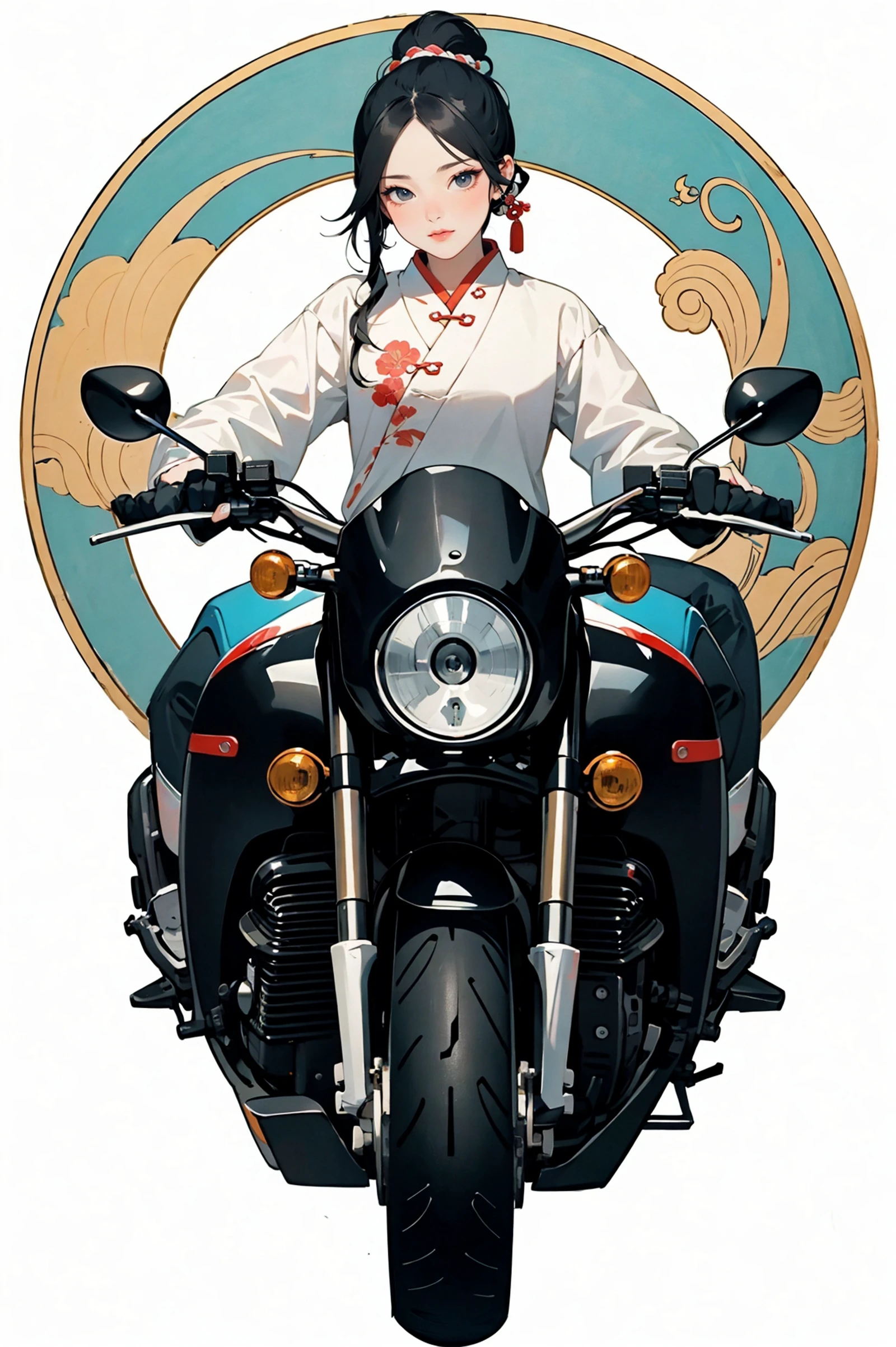 1girl, ridingmotor, motorcycle, Chinese traditional painting style, Tang Dynasty painting style, Fisheyes, masterpieces, top quality, best quality, official art, beautiful and aesthetic, animation, 8k raw,minimalism, (simple background:1.2),