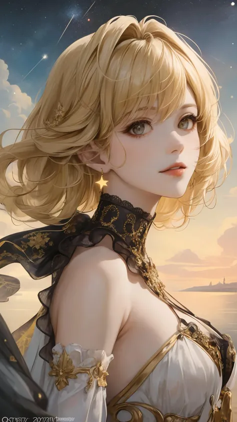 masterpiece,best quality,aesthetic,detailed face,subsurface scattering,angled,
wrenchsfantasy,fantasy,1girl,photo of a cute girl,light smile,charming,20yo,Shag haircut.side undercut,Metallic gold hair,glowing,cloud,colorful || starry,stars,
space_style,style-swirlmagic,style-sylvamagic,rainbow-candy,
delicate,elegant,luxury,elite,dramatic ambient light,advanced,illustrious,rich deep color,cinematic atmosphere,royal,vibrant,detailed,coherent,sharp focus,illumination,romantic,divine,worthy,thought,intricate,extremely beautiful,magical background,