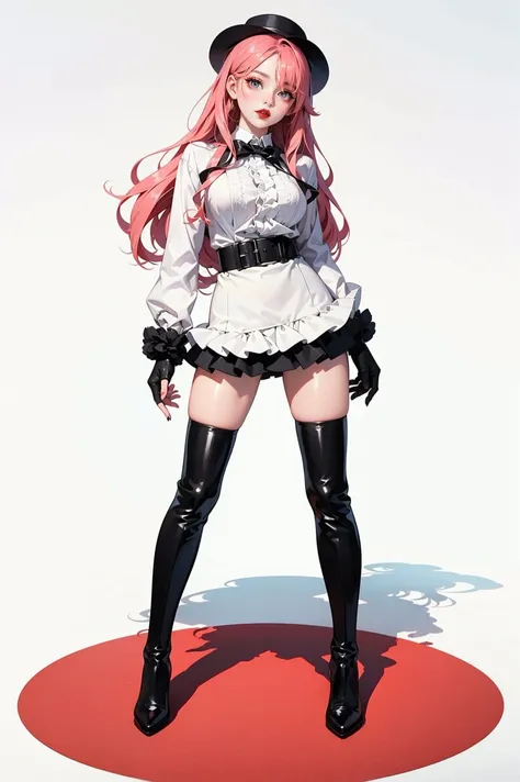 ((masterpiece, best quality, ultra-detailed, ultra-HD, photorealistic, cinematic)), alluring anime girl, average height, (surrealism), (wide shot, full body view:1.5), perfect body, sexy body, perfect face, perfect hands, delicate face, large cleavage, round ass, long round legs, anime - style image of a woman in a short silken skirt and white shirt, seductive anime girl, range murata and artgerm, extremely detailed artgerm, ilya kuvshinov and artgerm, krenz cushart and artgerm, leeloo sexy outfit, photorealistic anime girl render, (pink hair), (sensual pose), (gradient background:1.2), black eyes, detailed pupils, rosy lips, blushing, slightly parted lips