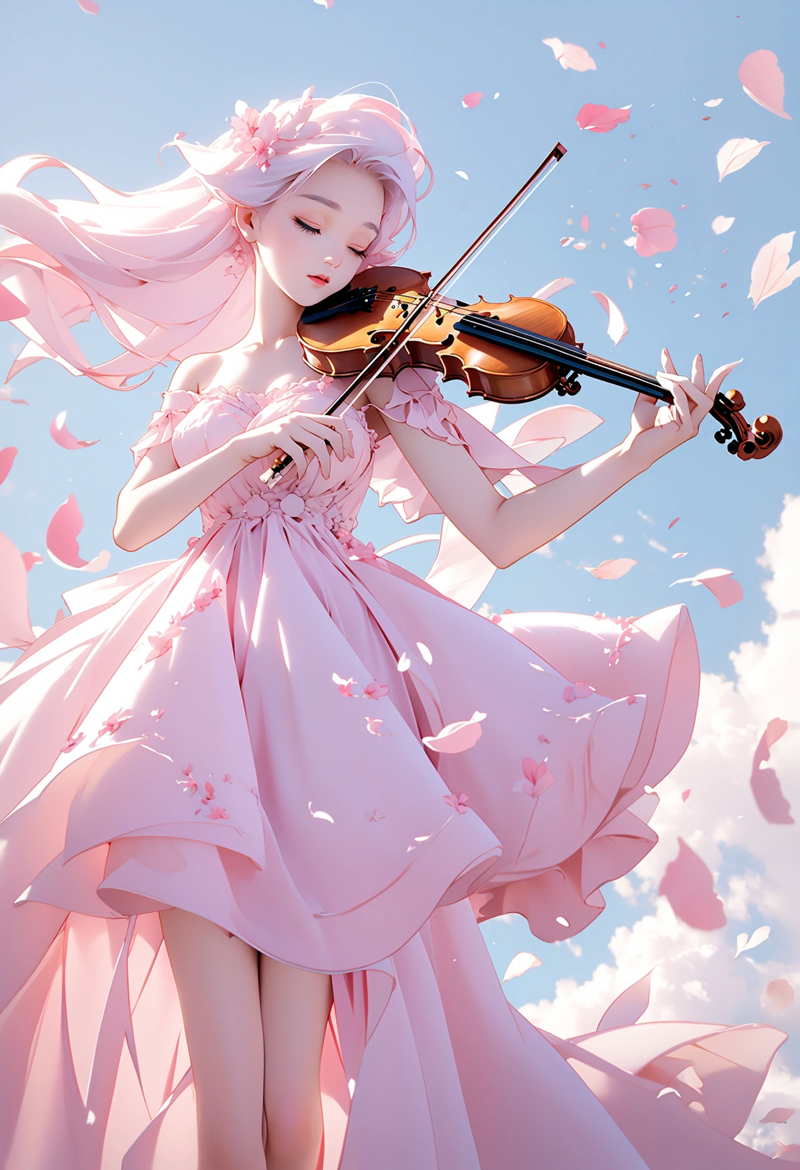 (A girl in a dress is in the air:1.3), playing a violin, (wide shot, wide-angle lens,Panoramic:1.2),super vista, super wide AngleLow Angle shooting, super wide lens,
violinbare shoulderspetalspink dressfrom below(white hair:1.2)blurry foreground
<lora:violin_20231126045551:0.8>platinum blonde hair,