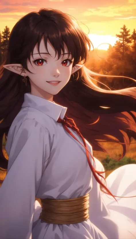 masterpiece,best quality,solo,anime screencap,
long hair,brown hair,red eyes,dress,pointy ears,light smile,
depth of field,blurry background,forest,portrait,wind,sunset,good hands,thin,long sleeves,