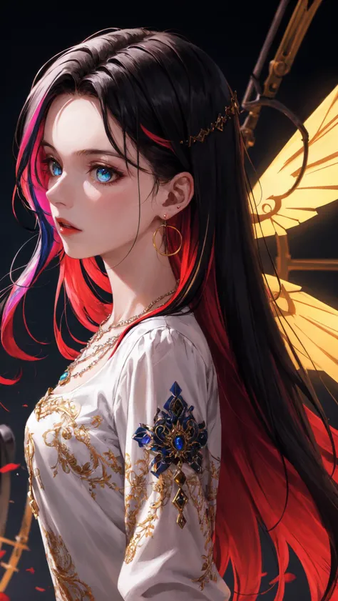 masterpiece,best quality,solo,1girl,long hair,(multicolored hair:1.2),glowy eyes,intricate details,kudo,Ultra high quality,wrenchfaeflare,glowing,embroidery,accessories,necklace,earrings,((dark theme)),from side,looking away,