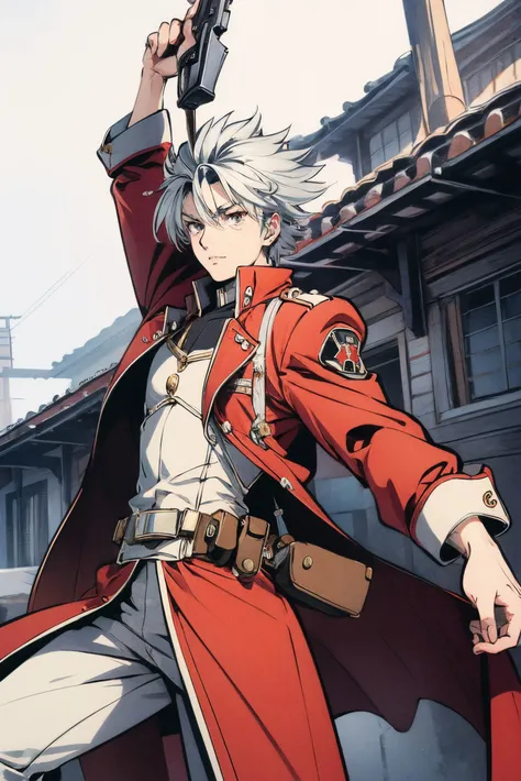 Vash the Stampede from Trigun,dancing avoiding bullets,holding a shiny silver revolver,