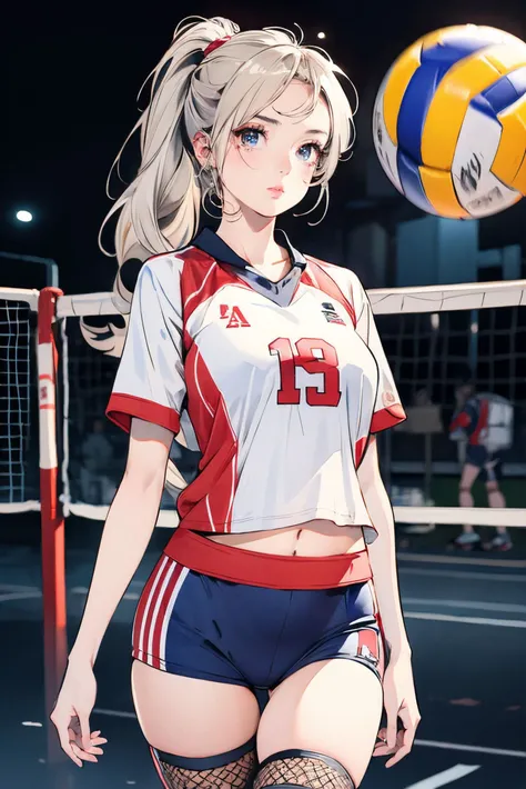 a female in volleyball uniform with fishnets underneath,((thigh gap,)),underboob,high ponytail,dark skinned,platinum blonde hair,8k,intricate detail,cinematic lighting,amazing quality,amazing shading,Detailed Illustration,wallpaper,official art,extremely detailed eyes and face,beautiful detailed eyes,burnished silver,((masterpiece, best quality)),from side,upper body,navel,