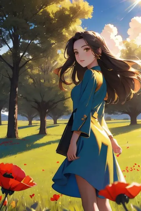 in a windy grass field with poppy flowers, a space shuttle is lying on a windy grass field, the blue sky is full of sunshine, the sunlight peeks through the clouds and trees, 1girl, a beautiful woman, wearing a luxurious golden velvet dress, was standing there in the shadow of the tree