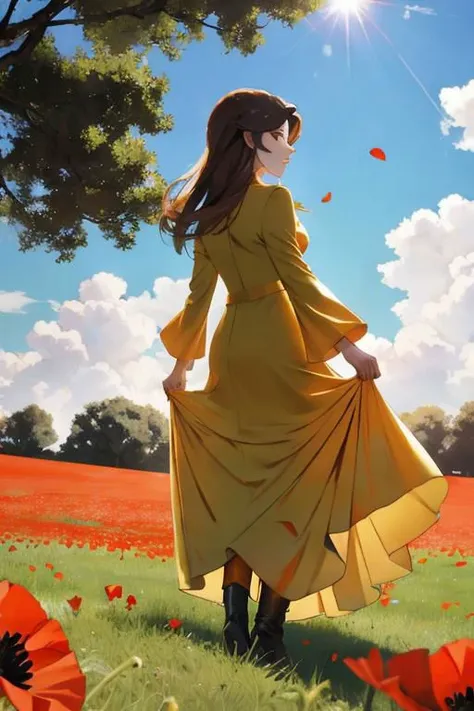 In a windy grass field with poppy flowers, a damaged shuttle is lying on the windy grass field, the blue sky is full of sunshine, the sunlight peeks through the clouds and canopy. tree, 1girl, a beautiful woman, wearing a luxurious golden velvet dress, was standing there in the shadow of the tree