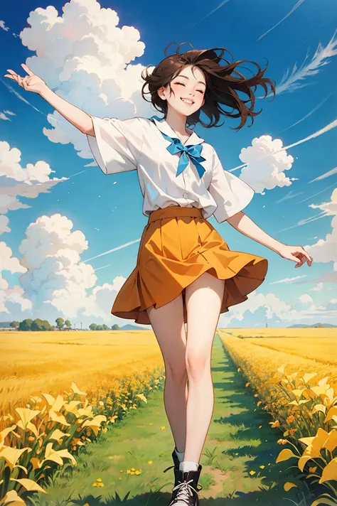 1 girl, brown hair, wearing an orange skirt, face to the blue sky, eyes closed, smiling, surrounded by yellow wheat fields, yellow ginkgo floating in the sky, white clouds floating in the blue sky, cartoon style, high quality, high resolution, look up, three-ee point oint perspective, the deep knee