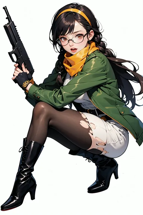 (best quality), ((masterpiece)), (highres), illustration, original, extremely detailed, zlqs, 1girl, solo, weapon, pantyhose, boots, gun, glasses, jacket, torn clothes, white background, black footwear, twin braids, torn pantyhose, simple background, dress, full body, brown pantyhose, braid, hairband, black-framed eyewear, holding weapon, green jacket, open mouth, black hair, holding, white dress, gloves, long hair, holding gun, handgun, brown eyes, looking at viewer, jewelry, knee boots, breasts, bangs, long sleeves, torn dress, scarf, fingerless gloves, open clothes, open jacket, belt