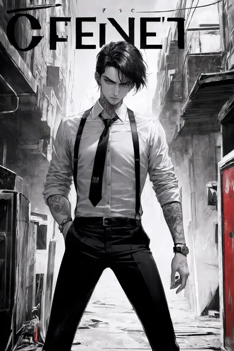 ((((dramatic))), (((gritty))), (((intense))) film poster featuring a young male as the central character. She stands confidently in the center of the poster, wearing a stylish and edgy outfit, with a determined expression on her face. The background is dark and gritty, with a sense of danger and intensity. The text is bold and attention-grabbing, with a catchy tagline that adds to the overall feeling of drama and excitement. The color palette is mainly dark with splashes of vibrant colors, giving the poster a dynamic and visually striking appearance,tachi-e (magazine:1.3), (cover-style:1.3), fashionable, vibrant, outfit, posing, front, colorful,
solo, looking at viewer, shirt,1boy, white shirt, male focus, necktie, collared shirt, pants, black pants, formal, suit, black necktie, watch, wristwatch, black suit, FH,full body,(long legs:1.2),Visual impact,A shot with tension,(upper body:1.0), sideways glance,cold attitude,
Ear stud,tattoo,