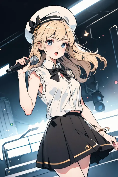 1girl,masterpiece,best quality,highres,4k,8k,intricate detail,cinematic lighting,amazing quality,amazing shading,soft lighting,Detailed Illustration,anime style,wallpaper,blonde,(idol clothes),((white shirt)),short black skirt,white mini hat,sleeveless,musical note,rose hat ornament,(singing),hand on own chest,long hair,black bowtie,white hat,floating hair,bang,looking at viewer,open mouth,soldier,breasts,black high heel boots,layered skirt,mini skirt,gold shiny line on shirt,