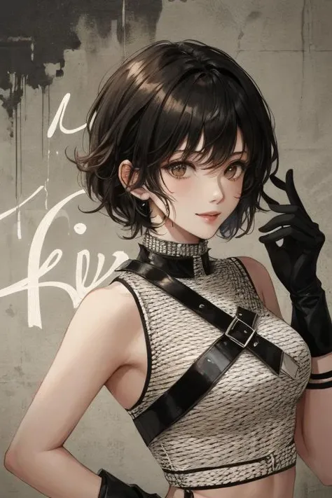 spiky bald hairstyle,short hair,mexican skin,gloves,Fishnet tight,fishnet crop top military,1girl,dark black hair,((hair cut super short,)),soft Brown eyes,smile lips,
