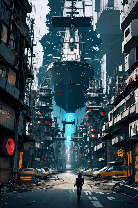 The outline of a battleship,through the outline the viewer can see a surreal post-apocalyptic digital neon city,sky glitched,double exposure,