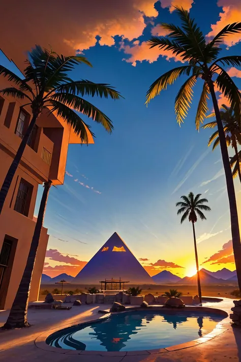 The image features a beautiful scene of a sunset over a large pyramid. The pyramid is situated in a desert landscape,with palm trees surrounding it. The sun is setting in the background,casting a warm glow over the scene. The overall atmosphere is serene and captivating,showcasing the majesty of the ancient structure.,