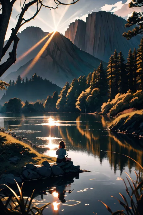 The golden hour lighting up a serene lake in an old,worn village,Ansel Adams style whimsical creatures playing in the garden,Rousseaustyle sky and majestic mountains silhouette against twilight,Intricate linocut landscape with twisted trees and rolling hills,Golden rays of light creating dramatic shadows.,2000s vintage RAW photo,photorealistic,film grain,candid camera,color graded cinematic,eye catchlights,atmospheric lighting,imperfections,natural,shallow dof,High level of detail to create a photographic-like image,focusing on lighting,realistic textures,hyperdetailed.,