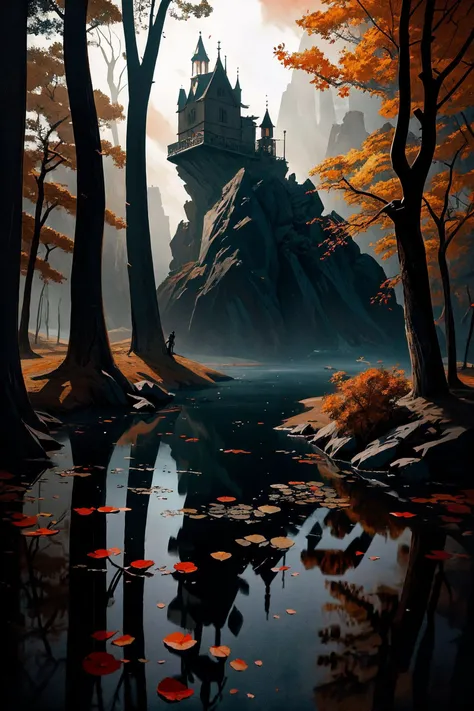 gothic style (masterpiece, best quality, hyper detailed, ultra realistic, 32k, RAW photo) rustic pond,rolling hills scattered with trees,autumn,sunset,sharp focus,intricate,detailed illustration,beautiful color palette,incredible details,high contrast,high dynamic light,perfect composition and chiaroscuro by Rembrandt,concept art,by Jarek Kubicki,by Raphael Lacoste,John Pitre,Karine Eibatova,by Ralph Blakelock,by Julie Bell,by Jim Warren,by Aleksey Savrasov . dark,mysterious,haunting,dramatic,ornate,detailed,