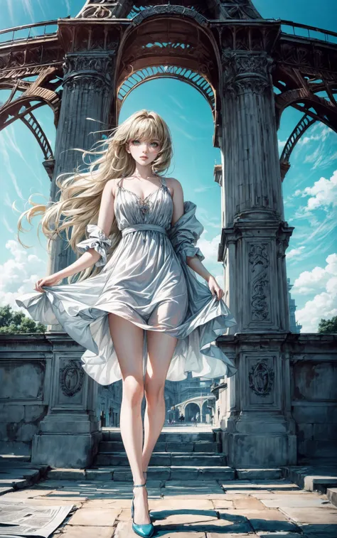 (best quality),((masterpiece)),(highres), (extremely detailed 8K wallpaper),(panorama:1.5)outdoors (imid shot:0.95),(imid shot,macro shot:1.25), Eiffel Tower(Black and white Newspaper dress:1.3)(wide shot, wide-angle lens,Panoramic:1.2),super vista, super wide AngleLow Angle shooting, super wide lens,
((((dramatic))), (((gritty))), (((intense))) film poster featuring a young woman as the central characterA shot with tensionVisual impact,giving the poster a dynamic and visually striking appearance, Outdoor, landscape, dynamic Angle, dynamic pose
She stands confidently in the center of the poster, wearing a stylish and edgy outfit, with a determined expression on her face,   The background is dark and gritty, with a sense of danger and intensity, The text is bold and attention-grabbing, with a catchy tagline that adds to the overall feeling of drama and excitement(blonde hair:1.1)
The scene is framed by the iconic Eiffel Tower in the background, which stands tall and proud, its iron beams reaching up to the skyThe lighting is soft and warm, casting a golden glow over the woman and the piano, while the tower is softly illuminated in the background
(Milky skin,:1.7) shiny skinA shot with tension(sky glows cyan,Visual impact,giving the poster a dynamic and visually striking appearance:1.5),impactful picture, (full body:1.5),  (Slim body:1.1)(long legs:1.1),