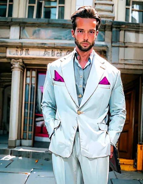 1man, tristan tate, solo, male focus, white suit, hands on pocket, digital art, masterpiece, 8k, highly detailed, cinematic, <lora:Tristan_Tate:1>