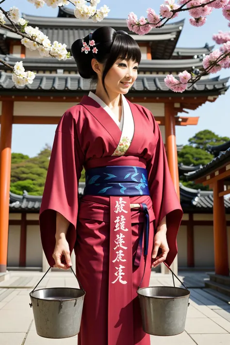 high quality, best quality, 1girl, solo, full body,
a beautiful geisha in kimono is holding buckets next to a Japanese torii near cherry blossoms,
looking down sadly,
bucket panishment <lora:bucketPunishment:0.6>