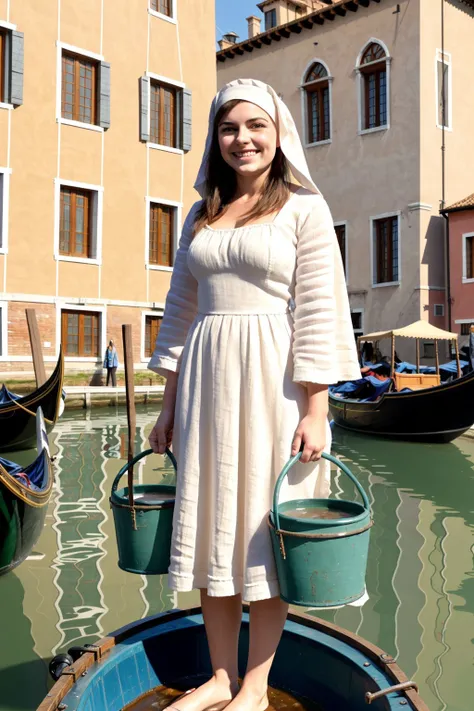 high quality, best quality, 1girl, solo, full body,
a young woman wearing a long medieval dress and a draped linen headdress is holding buckets in a gondola on a canal in 15th century Venice,
bucket panishment <lora:bucketPunishment:0.6>