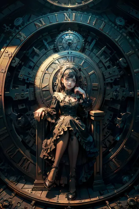 (masterpiece, best quality, ultra detailed), super fine concept art, 1girl, solo, dutch angle, from below, sitting, (clock:1.2), wheel, gear, <lora:clock:0.6>, royalpresencecheek, (hand on own cheek:1.2), <lora:I_am_the_king:0.6>, GothGal, wearing a GothGal outfi, dress, ribbon, frills, <lora:edgGothGal_MINI:0.6>, steel, grin, empty eyes, spotlight, mysterious,