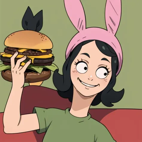 louiseb, bunny hat, 1girl, upper body, pretty face, green dress, solo, black hair, holding big burger, sassy smile, short sleeves, very happy smug, black eyes, flat chest, <lora:louiseB2.0:0.7>,