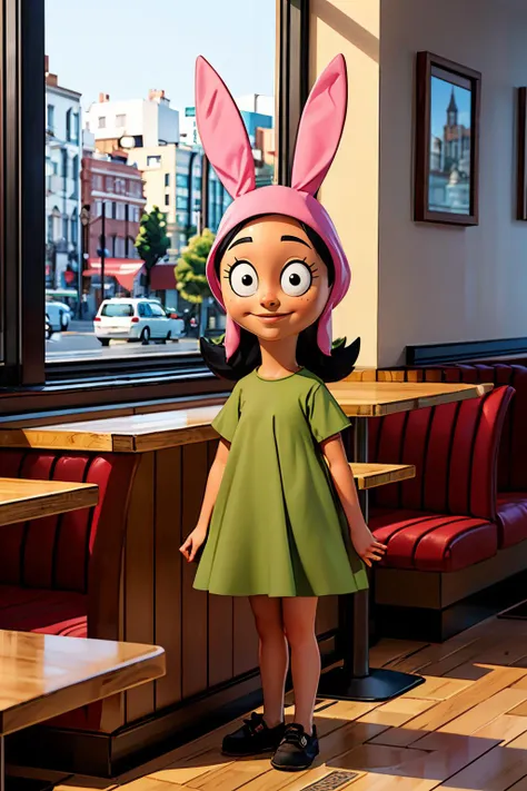 3d, louise, black eyes, rabbit hood, black hair,green dress, black footwear, looking at viewer, smiling, full body shot, standing, inside, restaurant, table, window, high quality, masterpiece, <lora:louise1.0:.6>