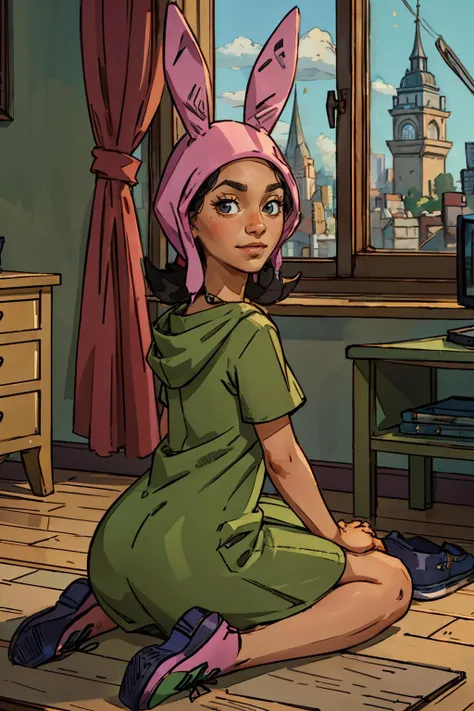 louise, black eyes, rabbit hood, black hair,green dress, black shoes, looking at viewer, serious, smirk, sitting, wariza, from_behind, inside, living room, floor, window, high quality, masterpiece, <lora:louise1.0:.6>