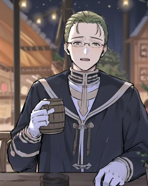 Heiter, fanart , solo, 1boy, male focus, white gloves, glasses, blurry background, sitting, facing viewer, long sleeves, closed mouth, beer mug, indoors, holding cup, open mouth
<lora:friefen_EP01-04_LoHa32-step00030000:0.95>
