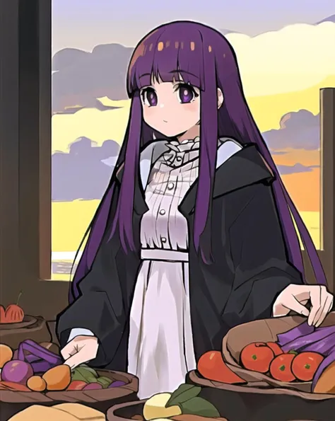 Fern, solo, 1girl, village, houses, market, fruits, sunset, holding
<lora:friefen_EP01-04_LoHa32-step00030000:1>